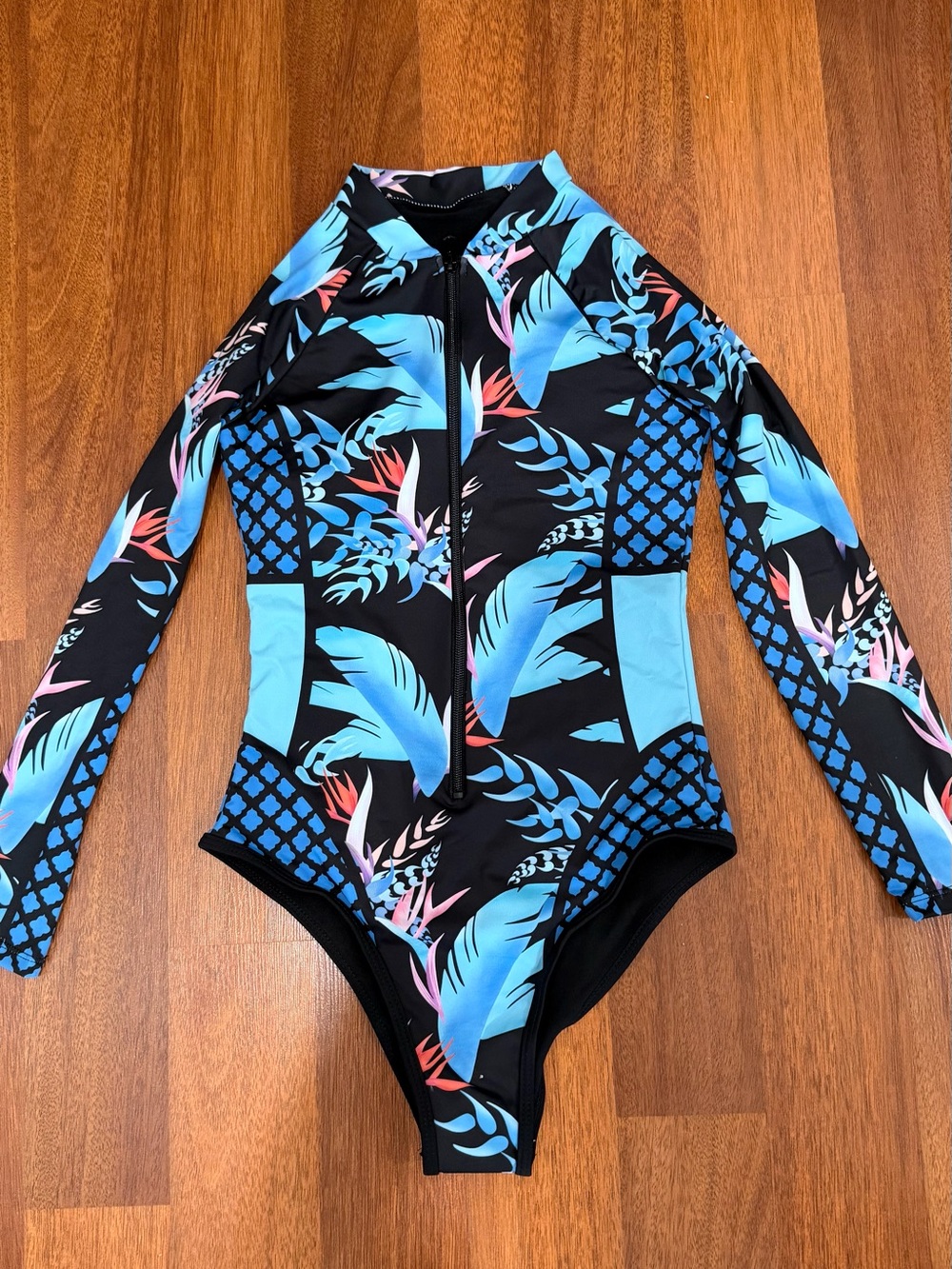 Long Sleeve women One-Piece Swimsuit in Black & Aqua Floral